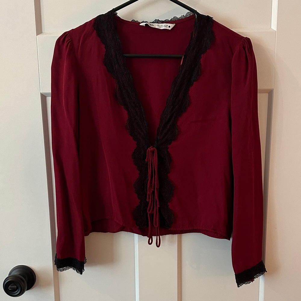Zara Scarlet Top with Black Lace Detail